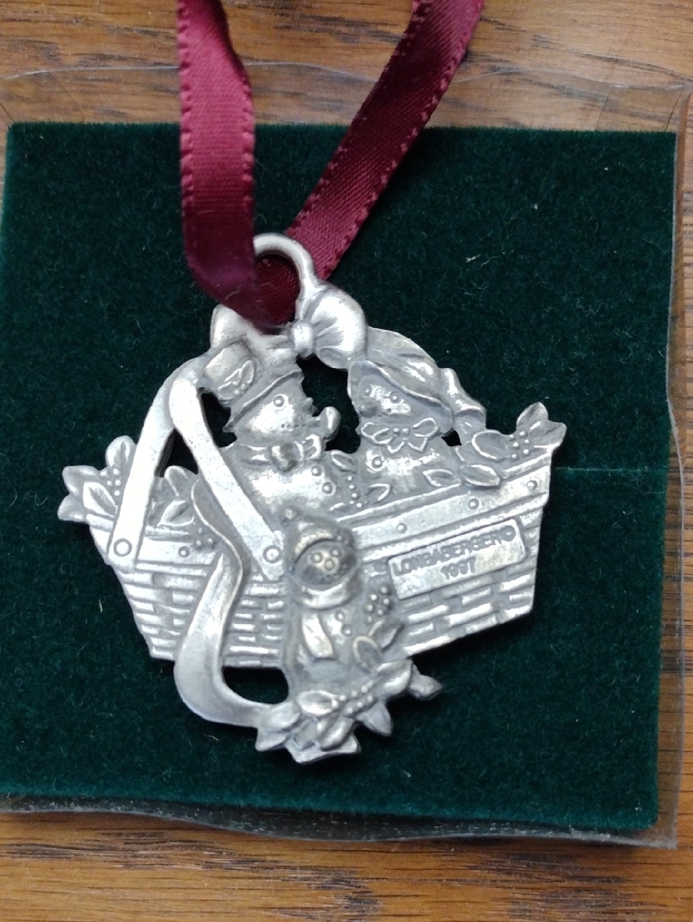 Longaberger Silver Basket Ornament with Burgundy Ribbon 1993 Bayberry